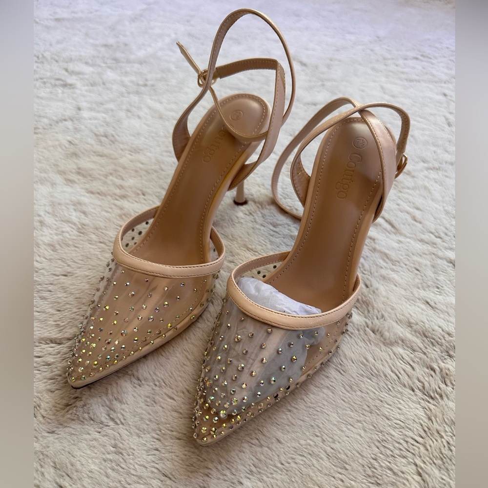 Nude Pointed Rhinestone Ankle-Strap Pumps - Picture 4 of 7